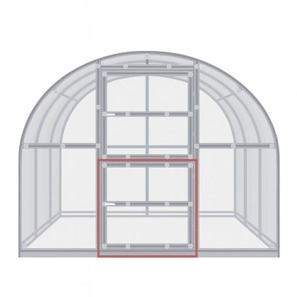 Bakdør nederst på drivhuset ARCHED KLASSISK (105 x 94 cm), markert med rød firkant.